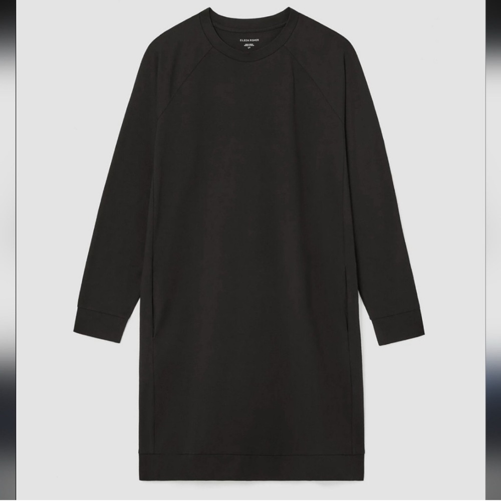 Eileen Fisher Black Long Sleeve Crew Neck Raglan Knee-Length Dress Size L NWT